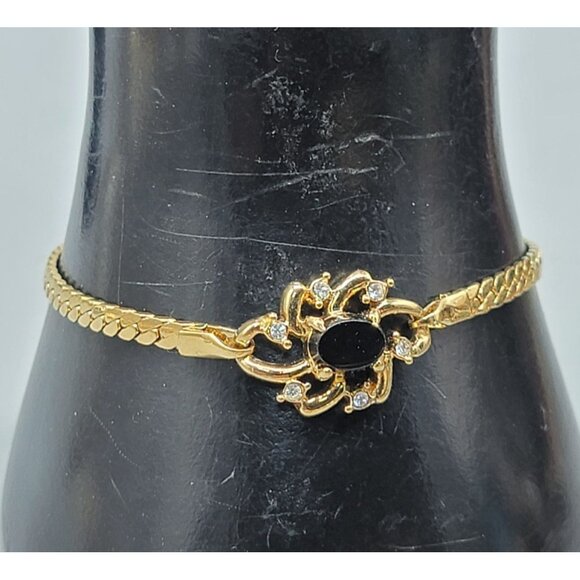 Onyx Crystal Swirl Bracelet Floating Gemstone Charm Gold Plated Chain Size 6.75" - Picture 1 of 7